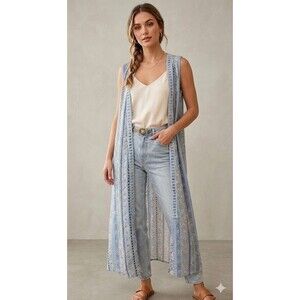 Tulip B Blue Pineapple Print Sleeveless Duster Kimono XL Crochet Back Boho